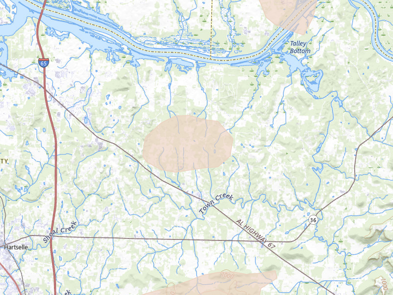 Radar-estimated hail-size map of the storm over Somerville, AL on Aug 17, 2026
