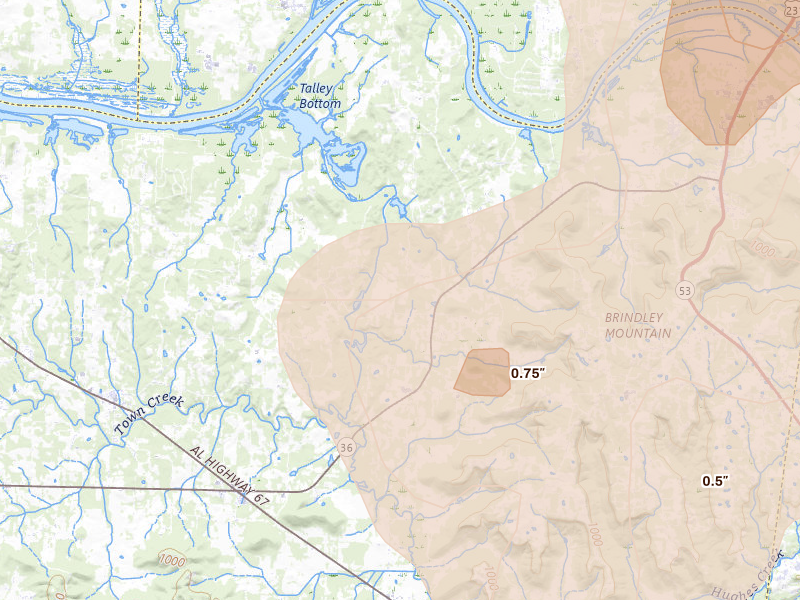 Radar-estimated hail-size map of the storm over Somerville, AL on Aug 20, 2026