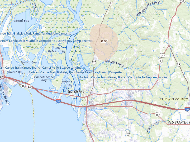 Radar-estimated hail-size map of the storm over Spanish Fort, AL on Jun 24, 2026