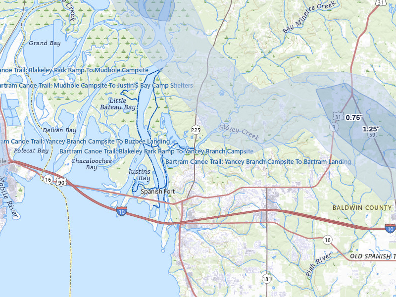 NEXRAD radar-signature map of the hail storm over Spanish Fort, AL on Jul 30, 2026
