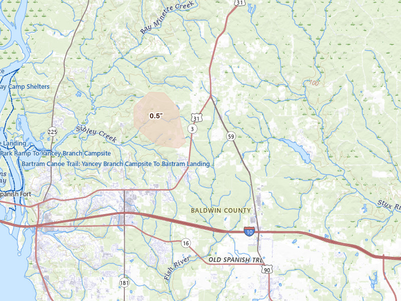 Radar-estimated hail-size map of the storm over Spanish Fort, AL on Aug 23, 2026