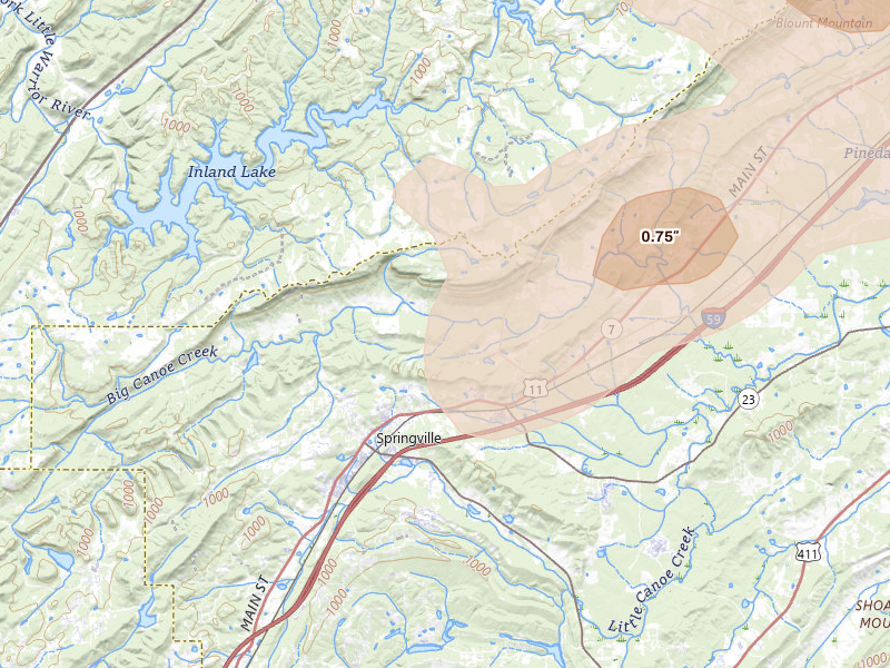 Radar-estimated hail-size map of the storm over Springville, AL on Jul 1, 2026
