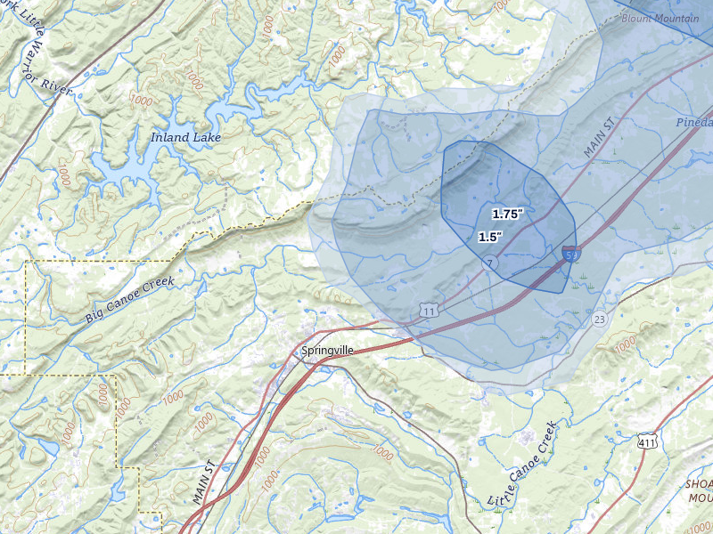 NEXRAD radar-signature map of the hail over Springville, AL
