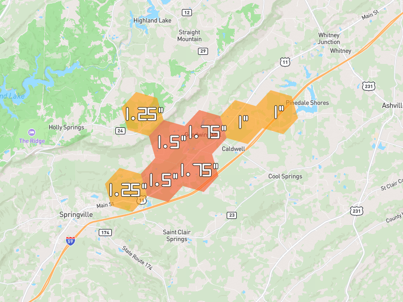 Hail map of Springville, AL on Jul 1, 2026, hail up to 1.75"