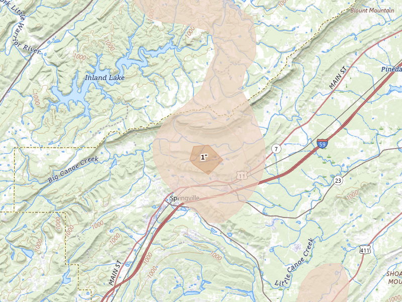 Radar-estimated hail-size map of the storm over Springville, AL on Jul 5, 2026