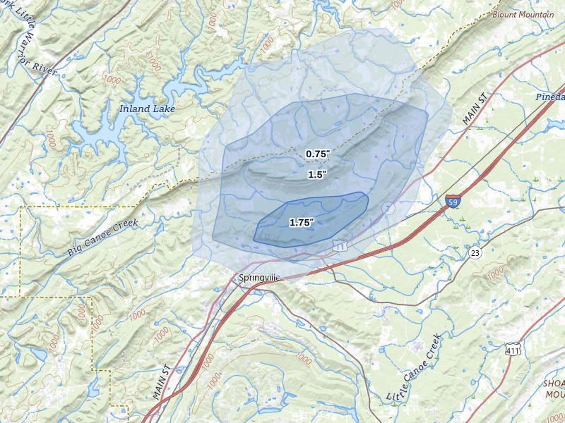 NEXRAD radar-signature map of the hail over Springville, AL
