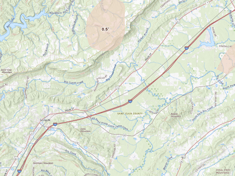 Radar-estimated hail-size map of the storm over Springville, AL