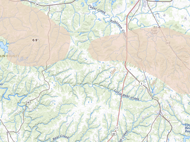 Radar-estimated hail-size map of the storm over Spruce Pine, AL on Feb 26, 2026
