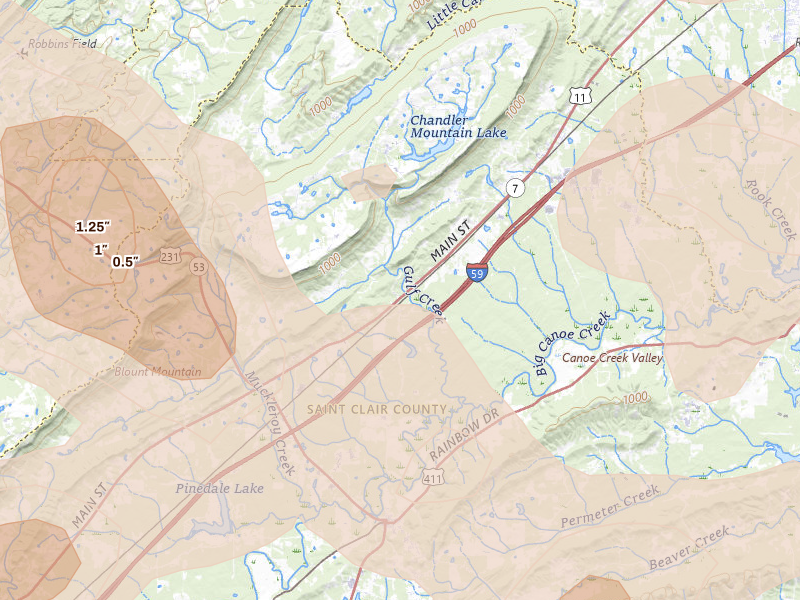 Radar-estimated hail-size map of the storm over Steele, AL on Jul 1, 2026