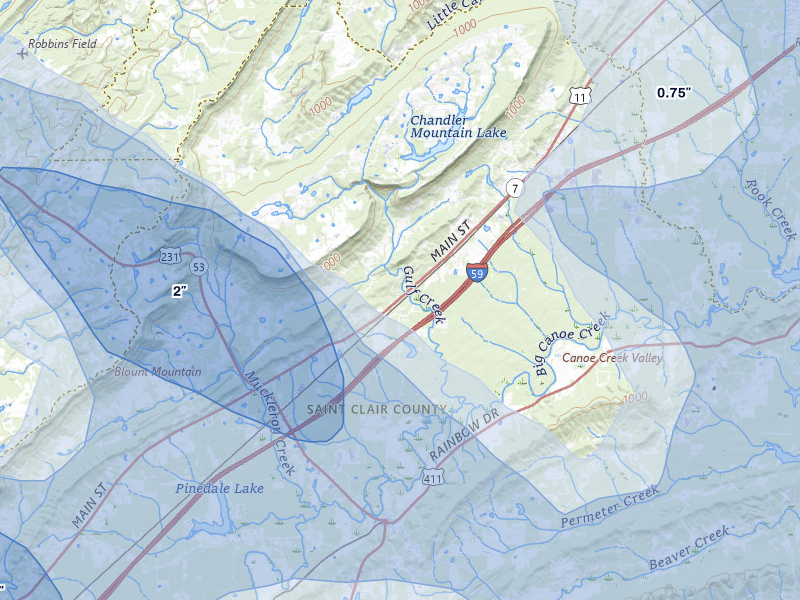 NEXRAD radar-signature map of the hail over Steele, AL