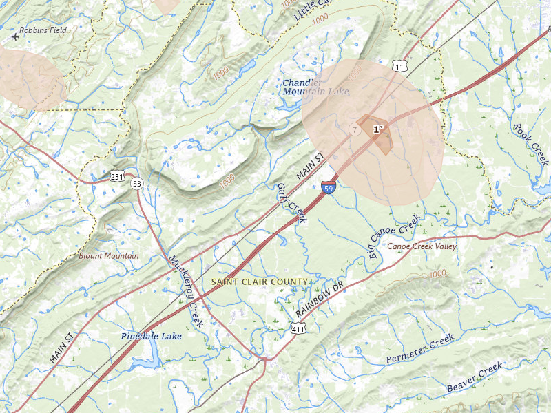 Radar-estimated hail-size map of the storm over Steele, AL on Jul 3, 2026