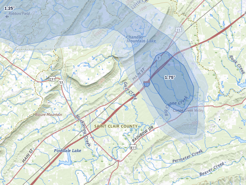 NEXRAD radar-signature map of the hail storm over Steele, AL on Jul 3, 2026