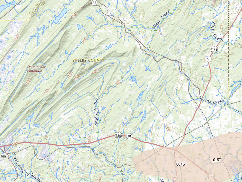 Radar-estimated hail-size map of the storm over Sterrett, AL on Aug 1, 2026