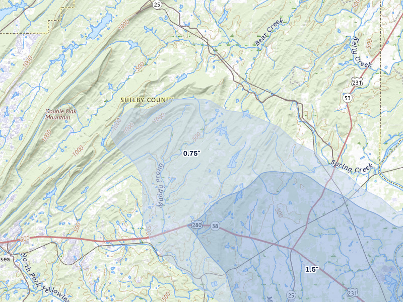 NEXRAD radar-signature map of the hail storm over Sterrett, AL on Aug 1, 2026