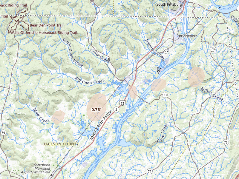 Radar-estimated hail-size map of the storm over Stevenson, AL on Apr 27, 2026