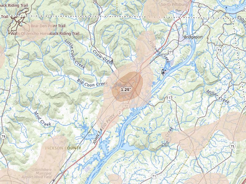 Radar-estimated hail-size map of the storm over Stevenson, AL on Jul 3, 2026