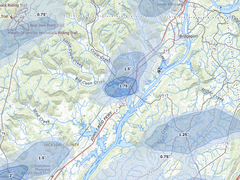NEXRAD radar-signature map of the hail storm over Stevenson, AL on Jul 3, 2026