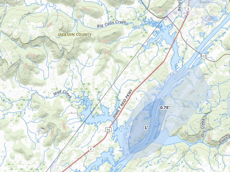 NEXRAD radar-signature map of the hail storm over Stevenson, AL on Aug 1, 2026