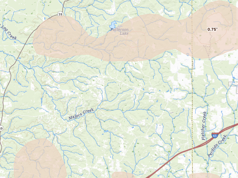 Radar-estimated hail-size map of the storm over Stockton, AL on May 6, 2026
