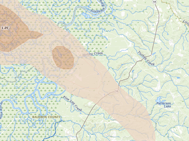 Radar-estimated hail-size map of the storm over Stockton, AL on Aug 21, 2026