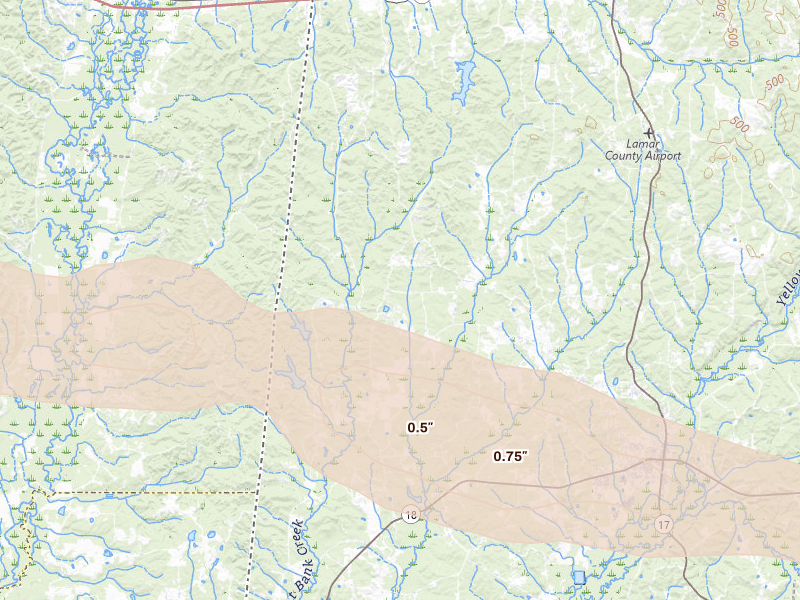 Radar-estimated hail-size map of the storm over Sulligent, AL on Apr 28, 2026