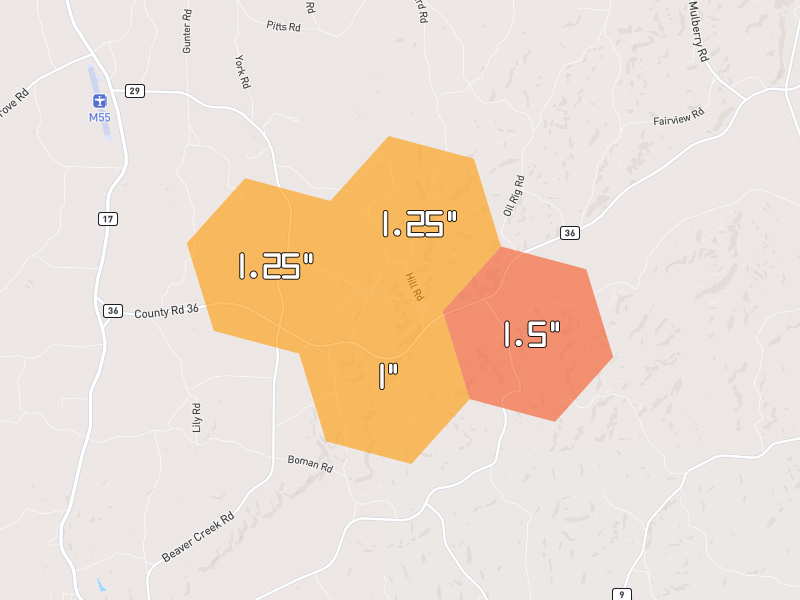 Hail map of Sulligent, AL on Jul 1, 2026, hail up to 1.5"
