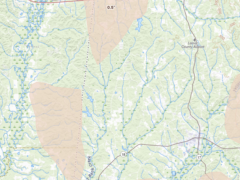 Radar-estimated hail-size map of the storm over Sulligent, AL on Jul 3, 2026