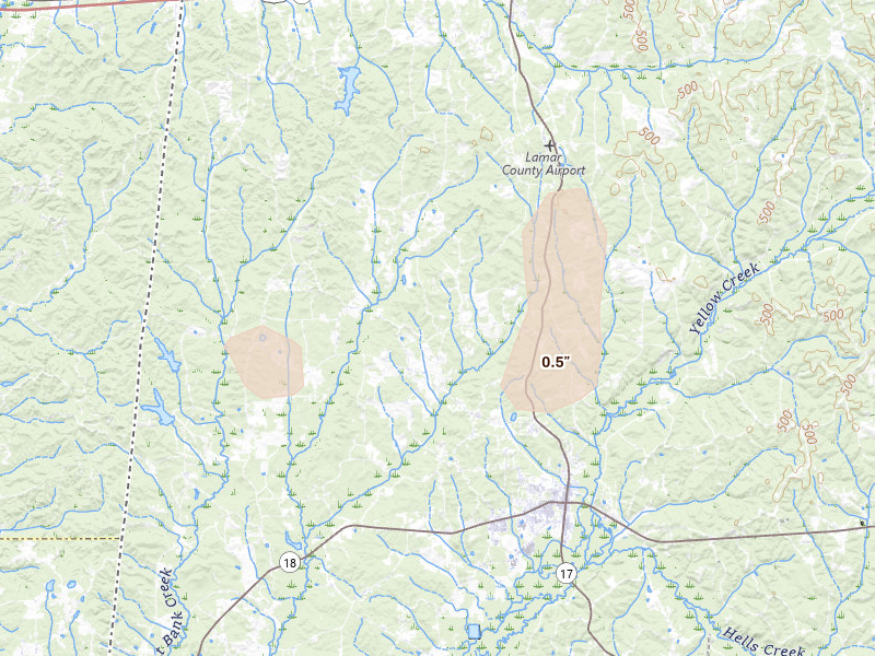 Radar-estimated hail-size map of the storm over Sulligent, AL on Aug 17, 2026