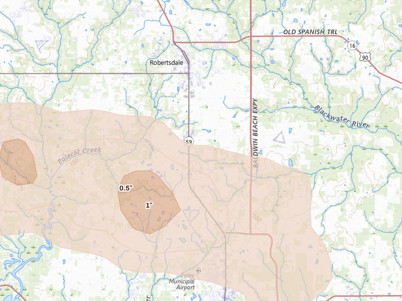 Radar-estimated hail-size map of the storm over Summerdale, AL on May 7, 2026