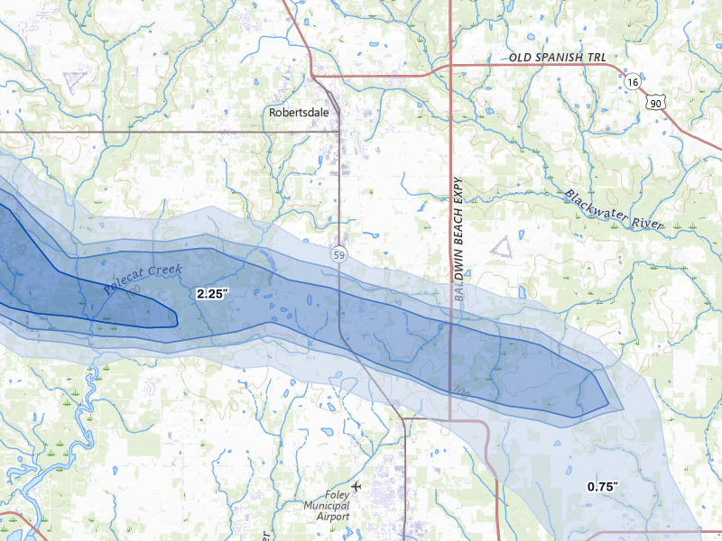 NEXRAD radar-signature map of the hail storm over Summerdale, AL on May 7, 2026