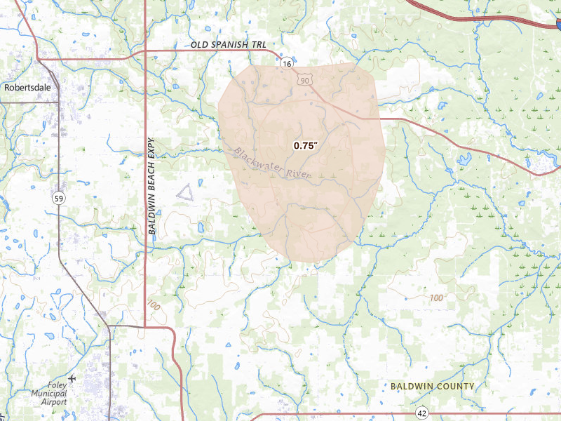 Radar-estimated hail-size map of the storm over Summerdale, AL on Aug 16, 2026