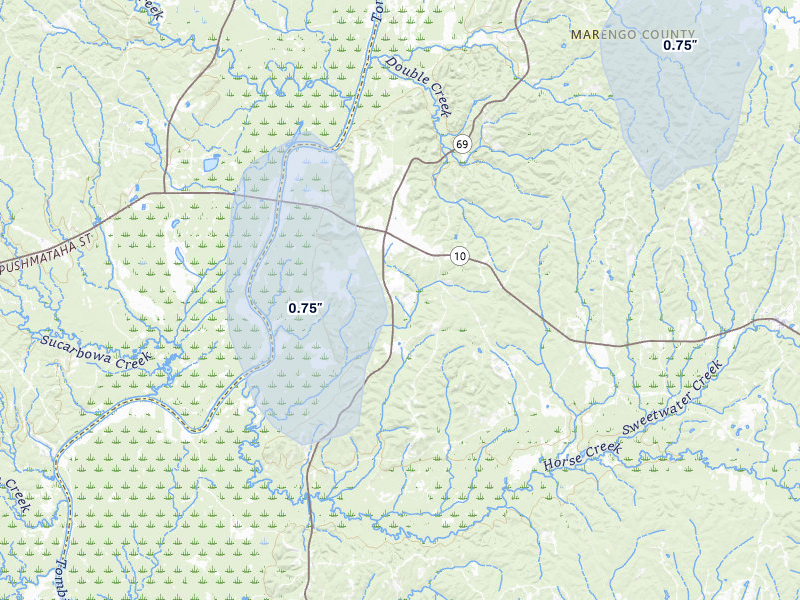 NEXRAD radar-signature map of the hail storm over Sweet Water, AL on Jan 10, 2026