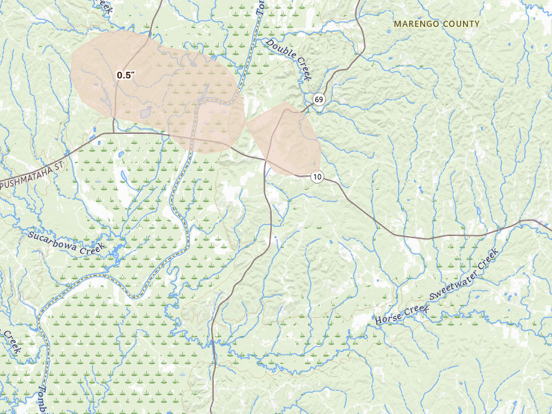 Radar-estimated hail-size map of the storm over Sweet Water, AL on Jun 22, 2026