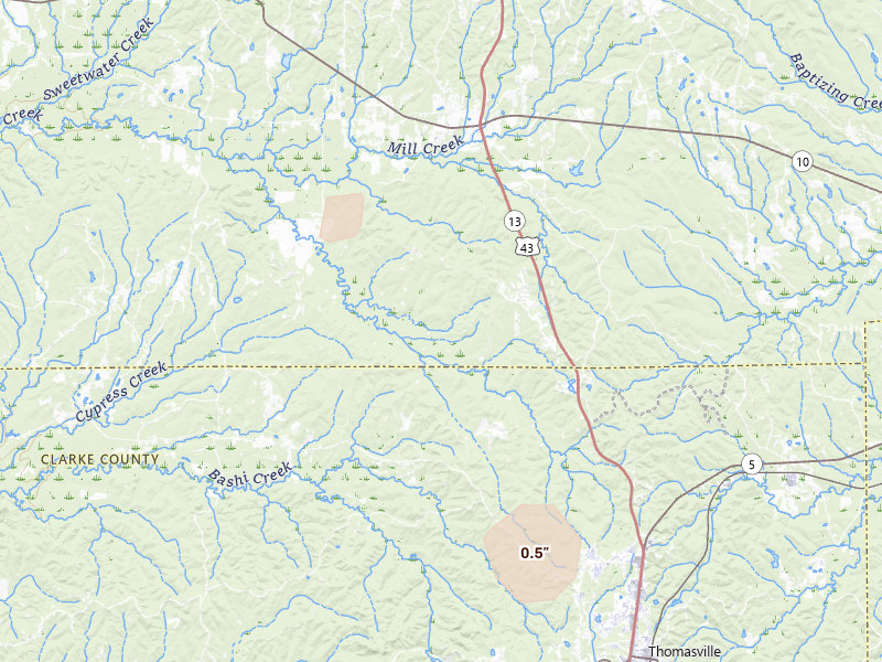 Radar-estimated hail-size map of the storm over Sweet Water, AL on Aug 18, 2026