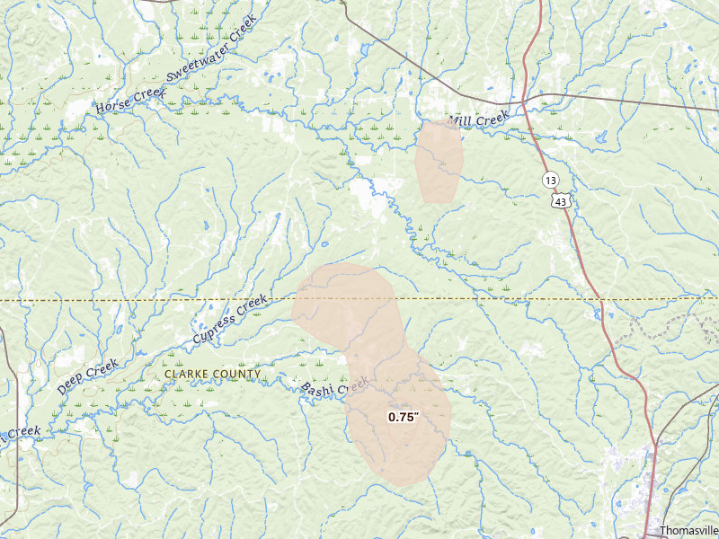 Radar-estimated hail-size map of the storm over Sweet Water, AL on Aug 19, 2026