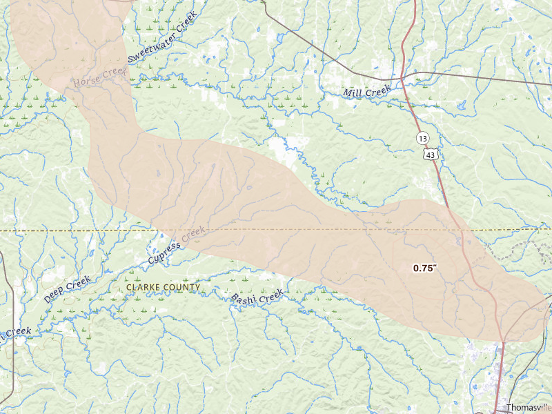 Radar-estimated hail-size map of the storm over Sweet Water, AL on Aug 21, 2026