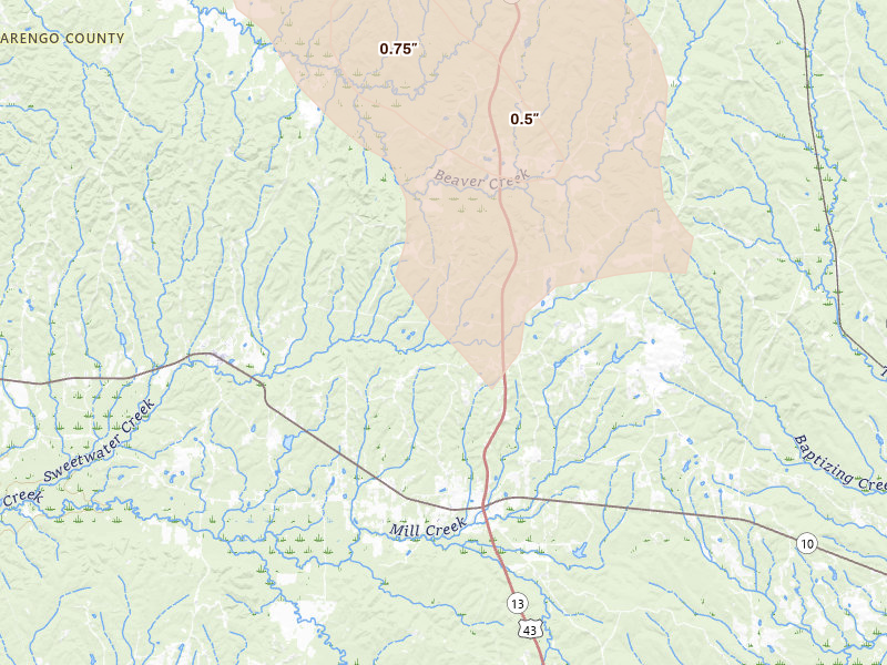 Radar-estimated hail-size map of the storm over Sweet Water, AL on Aug 24, 2026