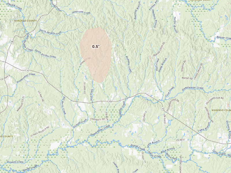 Radar-estimated hail-size map of the storm over Sweet Water, AL on Sep 20, 2026