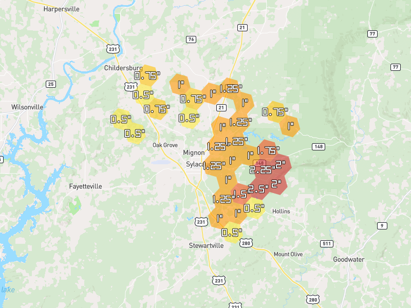 Hail map of Sylacauga, AL on Jul 1, 2026, hail up to 2.5"