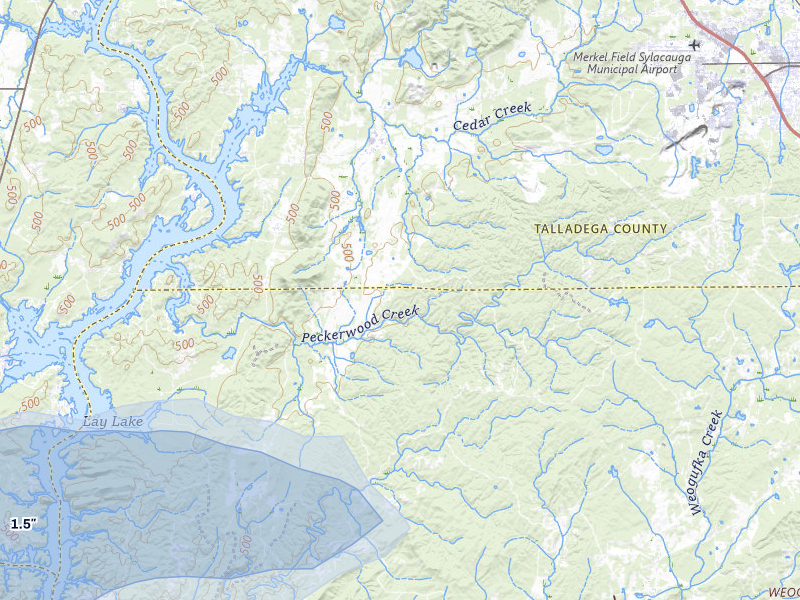 NEXRAD radar-signature map of the hail storm over Sylacauga, AL on Jul 9, 2026