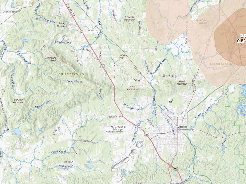 Radar-estimated hail-size map of the storm over Sylacauga, AL on Sep 19, 2026