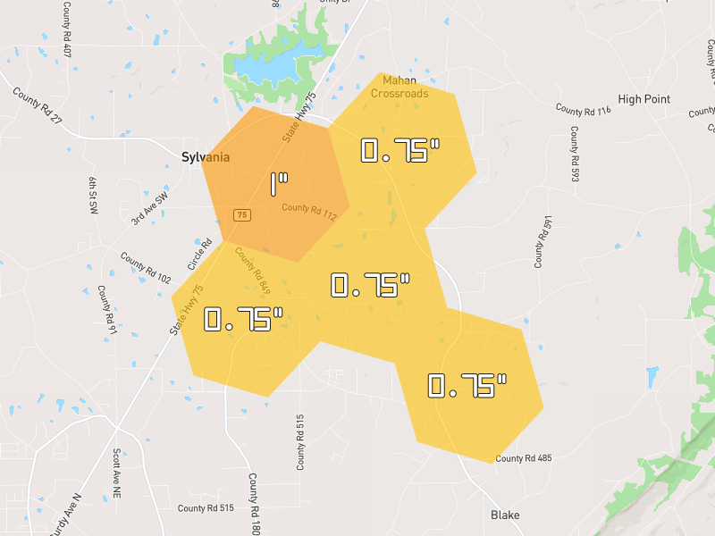 Hail map of Sylvania, AL on Jul 2, 2026, hail up to 1"