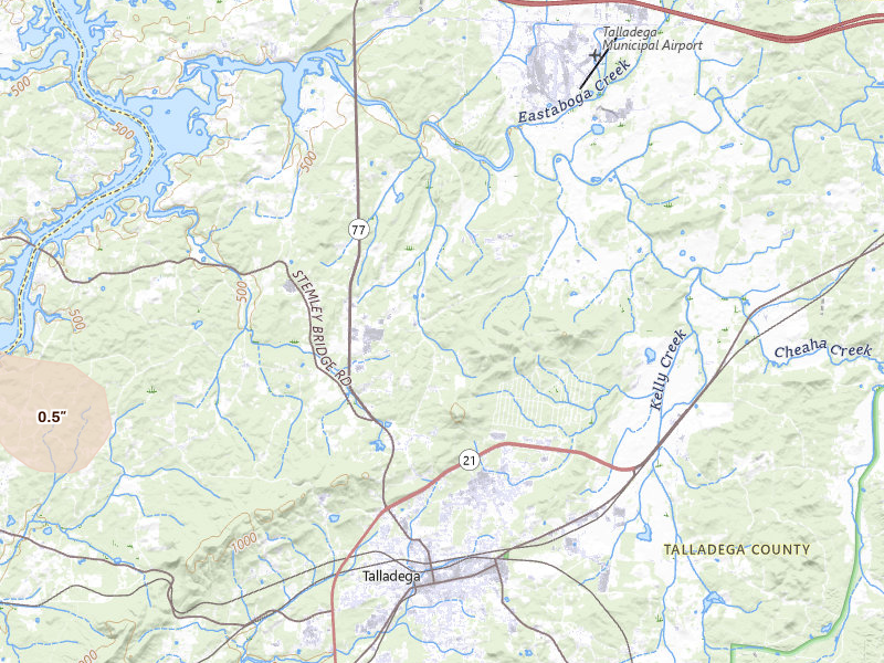 Radar-estimated hail-size map of the storm over Talladega, AL