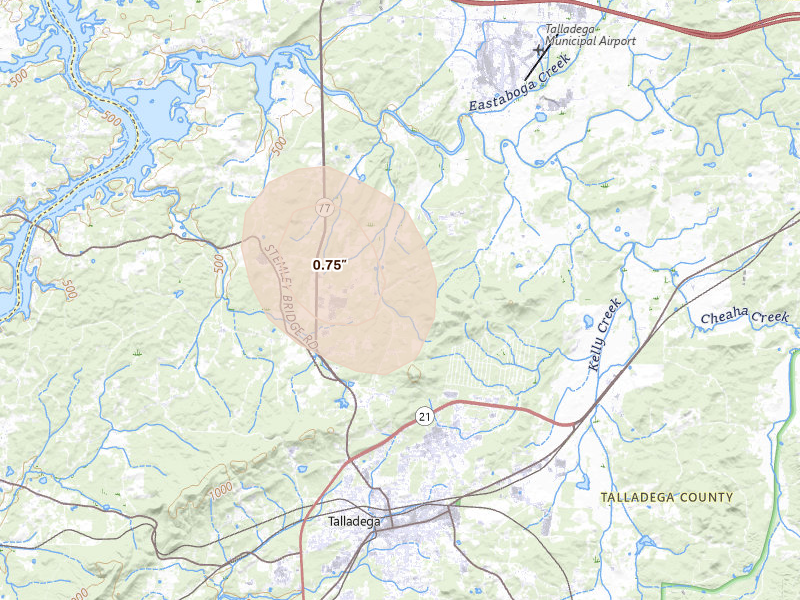 Radar-estimated hail-size map of the storm over Talladega, AL on Jun 1, 2026