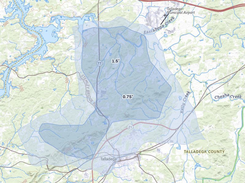 NEXRAD radar-signature map of the hail storm over Talladega, AL on Jun 1, 2026