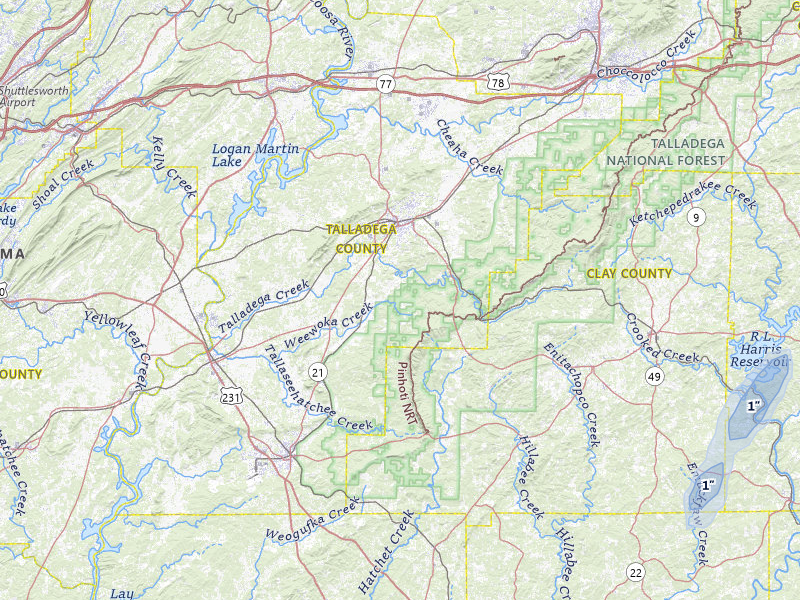 NEXRAD radar-signature map of the hail storm over Talladega, AL on Jun 9, 2026