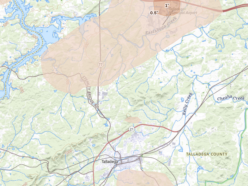 Radar-estimated hail-size map of the storm over Talladega, AL on Jul 1, 2026