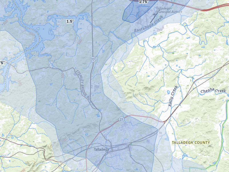 NEXRAD radar-signature map of the hail storm over Talladega, AL on Jul 1, 2026