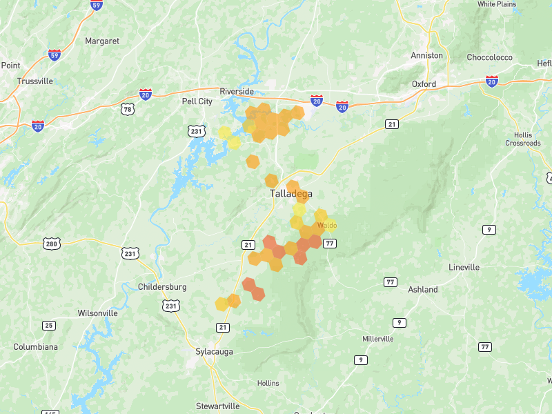 Hail map of Talladega, AL on Jul 1, 2026, hail up to 1.75"