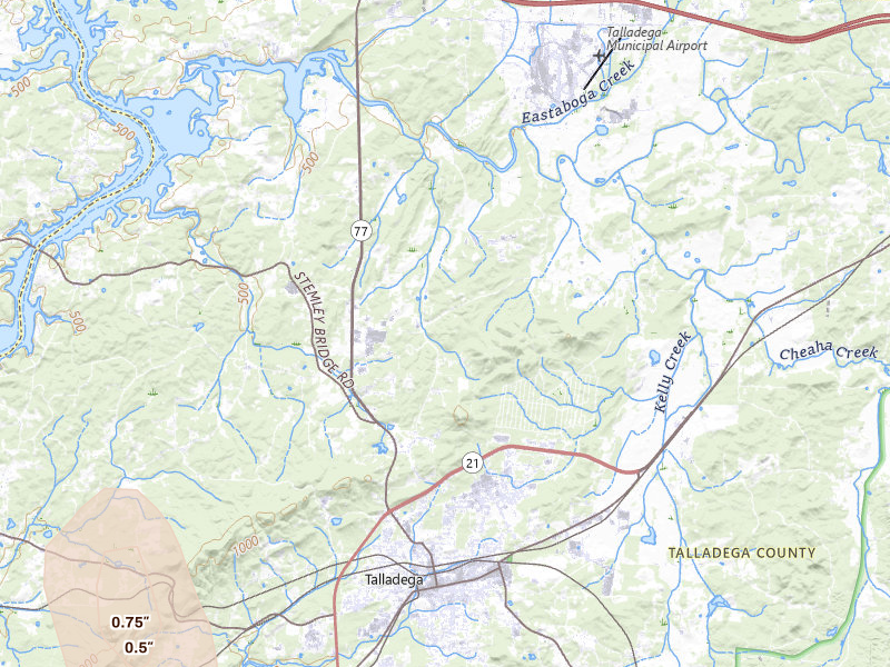 Radar-estimated hail-size map of the storm over Talladega, AL on Jul 26, 2026